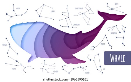 Modern magic witchcraft whale silhouette. Cut out paper art style design. Star map background with constellations