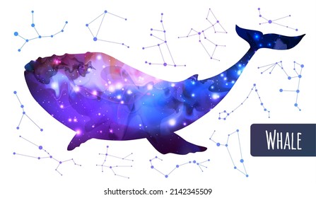 Modern magic witchcraft whale silhouette with outer space background inside. Star map background with constellations