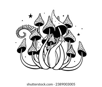 Modern Magical outline tattoo with poisonous witch mushrooms, fly agaric microdosing concept, mystical sticker isolated on white background. Vector line drawing, t-shirt print.