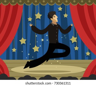 modern magician flying illusion trick on theater stage