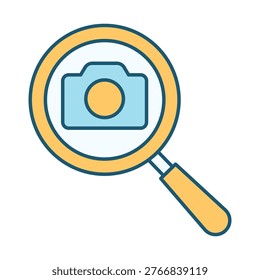 Modern magnifying glass icon with camera symbol representing image search, photography browsing, visual content discovery, media exploration, and digital gallery systems