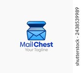 A modern mail chest logo combining an envelope with a storage box concept, representing secure messaging, inbox management, delivery services, or digital correspondence. Suitable for email tools, customer support platforms, secure mail products, document sending services, and communication startups. Designed to be readable as a scalable vector icon for apps and web UI.
