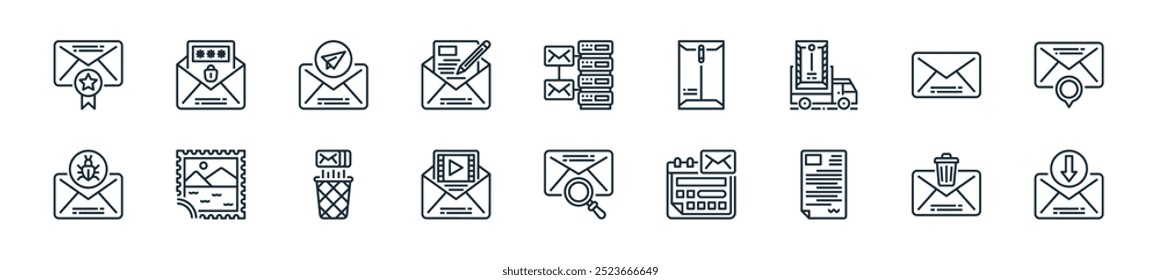 modern mail icon pack. perfect for linear ui designs featuring vector receive, trash, letter, schedule, search, video, recycle bin and more icons for mobile and web apps.