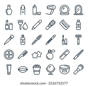 modern makeup and cosmetics icon pack. perfect for linear ui designs featuring vector brush, cream, mirror, shaving brush, lips and more icons.