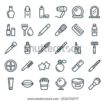 modern makeup and cosmetics icon pack. perfect for linear ui designs featuring vector brush, cream, mirror, shaving brush, lips and more icons.