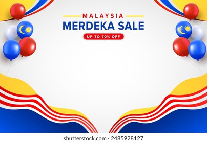 Modern Malaysia Day or Hari Merdeka promotion celebration wavy background design. Malaysia National day vector illustration template with balloons, ribbons for cards, banner, poster, social media.