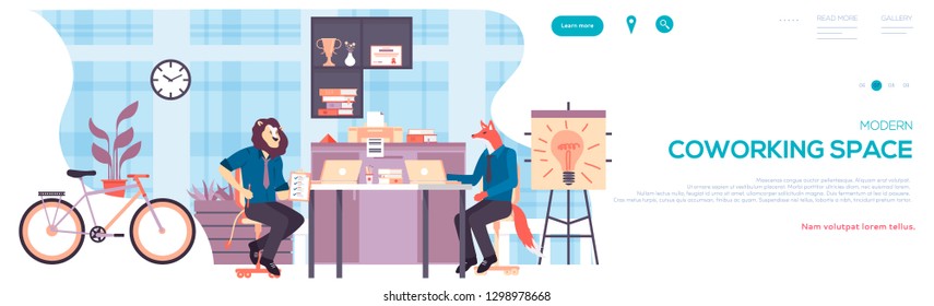 Modern male cartoon character working together interior. two business men sitting office desk flat vector illustration. Coworking space  horizontal banner background