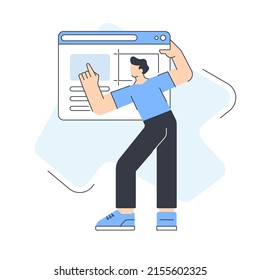 Modern male developer creating website architecture multimedia content with script programming vector flat illustration. Man web development technology server process data information platform