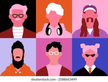 Modern male face avatars. Abstract head portraits grid. User profiles of diverse men characters. Old and young people in glasses, cap, with headphones, mustache and beard. Flat vector illustration