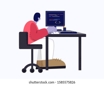 Modern male web developer working with program code using computer isolated at white background. Creative digital man programming website application flat vector illustration big limbs style