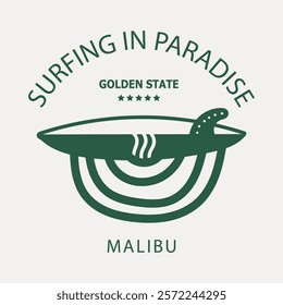 Modern Malibu surfing design with a sleek surfboard and retro wave pattern. Highlights the Golden State's iconic beach culture. Perfect for surf enthusiasts, coastal themes, and travel-inspired projec