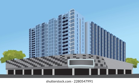 Modern mall building in Singapore, waterway point shopping mall, condo, modern house, Punggol, building vector. 