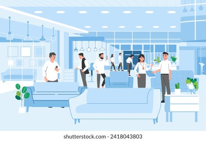 Modern mall interior home furniture store crowd people shopping sofa cabinet vector illustration flat