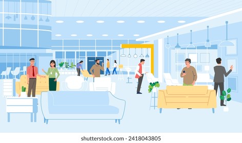 Moderno centro comercial interior de muebles de casa tienda multitudes sofá de compras armario vectorial ilustración plana