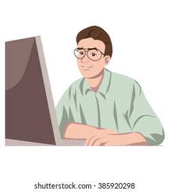 Modern man - the computer hero, saves the ones in need, the power of knowledge, vector