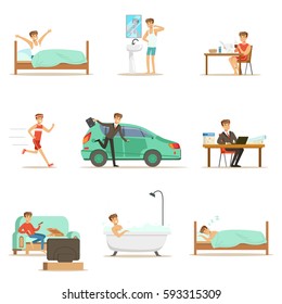 Modern Man Daily Routine From Morning To Evening Series Of Cartoon Illustrations With Happy Character