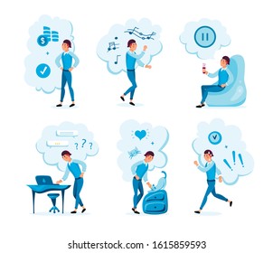 Modern Man Daily Routines, Life Situations and Activities, Isolated, Trendy Flat Vectors Set. Guy Character Listening Music and Dancing, Taking Coffee Break, Hurrying on Business Isolated Illustration