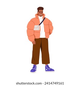 Hombre moderno con ropa de moda, ropa elegante. Joven feliz parado con ropa de invierno cálida de estilo moderno, chaqueta de puffer, suéter. Ilustración vectorial gráfica plana aislada en fondo blanco