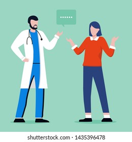 Modern Man Female Doctor Gynecologist In White Coat With Stethoscope Talking With Young Patient, Woman Or Teen  In Casual Clothes. Therapist Appointment. Online Ask Doctor. Healthcare Services