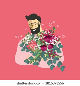 Modern man with flowers. Illustration for greetings. This is for mother's day, father's day, birthday, Valentine's day.