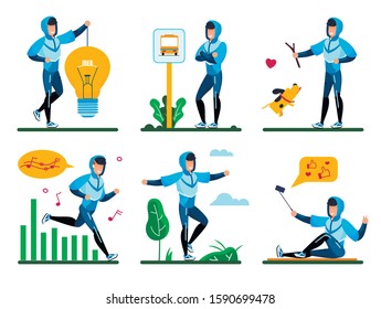 Modern Man Happy Social Life and Active Lifestyle Trendy Flat Vector Concepts Set. Guy Waiting Transport on Bus Stop, Playing with Dog, Listening Music, Jogging Outdoors, Shooting Selfie Illustrations