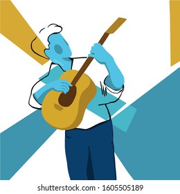 Modern man lifestyle. Man playing a guitar. Simple flat background.