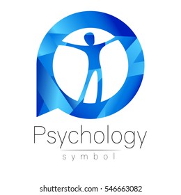 Modern man Logo Sign of Psychology. Human in a circle. Creative style. Icon in vector. Design concept. Brand company. Blue color isolated on white background. Symbol for web, print, logotype.