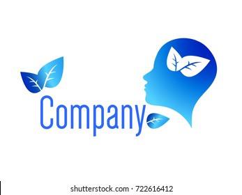 Modern man Logo Sign of Psychology. Human head and leaves Creative style. Icon in vector. Design concept. Brand company. Blue color isolated on white background. Symbol for web, print, logotype.