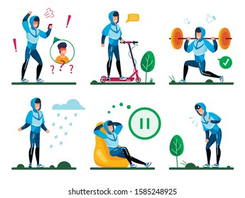 Modern Man, Male Teenager Daily Routine Situations and Activities Trendy Flat Vectors Set. Guy Arguing on Cellphone, Riding Electric Scooter, Having Workout, Resting and Relaxing at Home Illustrations