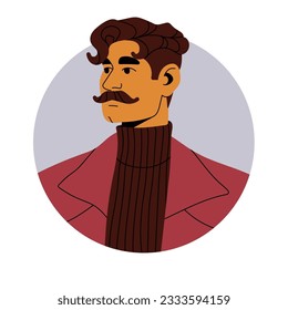 Hombre moderno con bigote, avatar facial en círculo. Joven usuario elegante de negocios, retrato de cabeza. Elegante personaje masculino en cuello de útero. Ilustración vectorial plana aislada en fondo blanco.