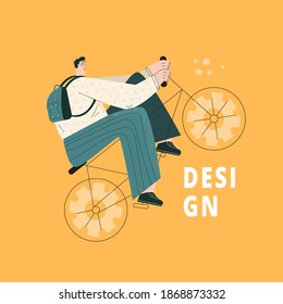 Modern man on bike square flat vector illustration. Trendy male character on poster, card, social media template. Businessman on cycle in suit, urban hipster bicycle. Editable simple corporate post