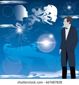 Modern man, philosopher, mystic, poet, against the blue sky, clouds, manifestation of spiritual essences - art abstract, creative, modern vector illustration.