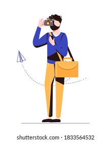 Modern man photographing. Male photographer taking picture. Tourist hold camera. Young reporter taking photo. Flat vector cartoon illustration isolated on white