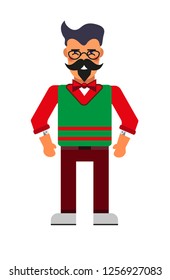 Modern man in a red sweater with a butterfly is smiling. Serious beard, stylish hair, fashionable glasses. Modern style Vector flat design illustration isolated white background. Square layout