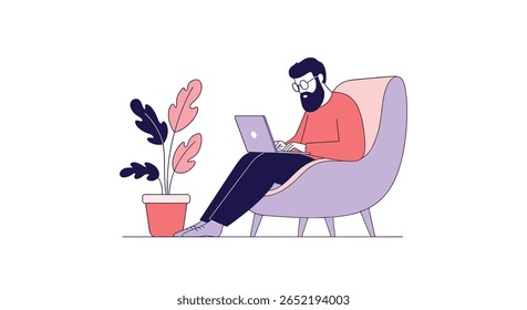 Modern man relaxing in armchair working on laptop with houseplant nearby promoting comfortable remote work lifestyle