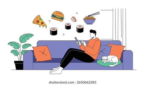 Modern man relaxing on a couch using his smartphone surrounded by floating food items representing home delivery and online ordering