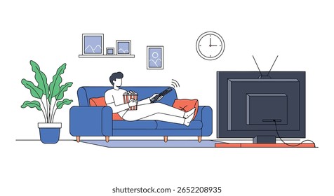 Homem Moderno Relaxando no Sofá Assistindo Televisão Com Pipoca Desfrutando de Tempo de Lazer em Casa