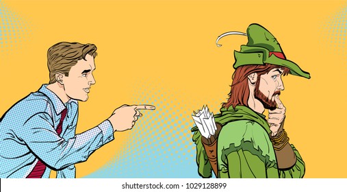 Modern man and Robin Hood. Businessman and medieval legends. A man's dialog. Men discussing something. Speaking men. Young businessman giving advice Robin Hood.