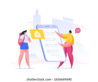 Modern man showing high rated attractions in smartphone app to girlfriend while visiting tourist city during journey and choosing where to go. Flat cartoon people vector illustration