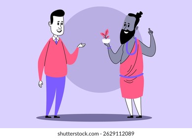 Modern man in sweater engaged with traditional healer dressed in bright robe. Men sharing ideas about health and wellness. Blend of old and new practices concept