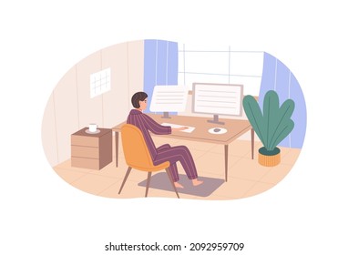 Modern man use tablet pc sitting desk with computer monitor working at home office. Freelancer business female enjoy digital display technology browsing internet with gadget flat vector
