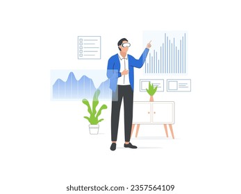 Modern man using VR headset to work with business data in virtual reality. Colorful flat cartoon vector illustration of people and VR on white background