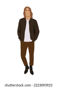 Moderner Mann mit lockeren Kleidern aus der Mode. Stilvolles, modisches Herbstbild. Guy in trendiger Straßenmode-Outfit. Farbige, flache, realistische Vektorgrafik einzeln auf weißem Hintergrund.