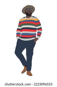 Modern man wearing fashion casual clothes. Stylish african american man in autumn look. Black guy in trendy street fashion outfit. Flat vector realistic illustration isolated on white background.