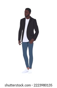 Hombre moderno con ropa informal de moda. Un hombre afroamericano con estilo en otoño. Hombre negro vestido de moda en la calle. Ilustración realista vectorial plana aislada en blanco.