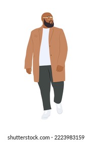 Modern man wearing fashion casual clothes. Stylish african american man in autumn look. Black guy in trendy street fashion outfit. Flat vector realistic illustration isolated on white 