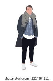 Modern man wearing fashion casual clothes. Stylish young man in autumn or winter look - coat and scarf. Handsome guy in trendy street fashion outfit. Cartoon vector realistic illustration isolated.