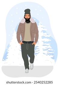 Homem moderno vestindo jaqueta marrom quente e chapéu de gorro andando por uma floresta nevada. Cara barbudo bonito em roupas elegantes de inverno. Ilustração em plano vetorial