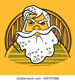 Modern man with a white beard in the form of foam against the background of a beer barrel, vector illustration for a beer label.