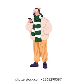 Hombre moderno vestido con ropa de invierno, llevando el teléfono móvil en mano. Joven tipo elegante con smartphone, vestido de moda, abrigo, bufanda, sombrero. Ilustración vectorial plana aislada en fondo blanco